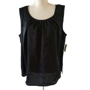 Studio Works Tank Top Shirt XL Black Satin Pleated Neckline Solid Classic NWT